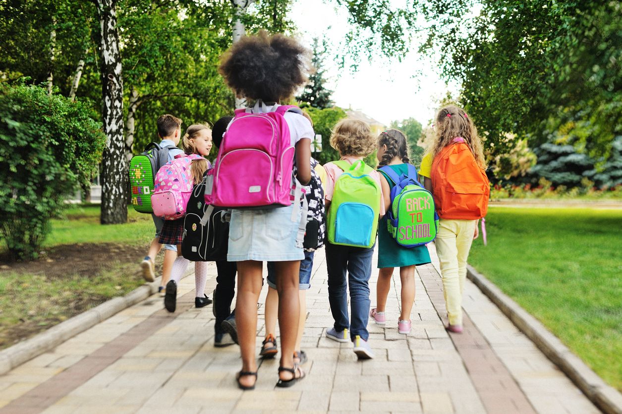 group of school children with backpacks go to school